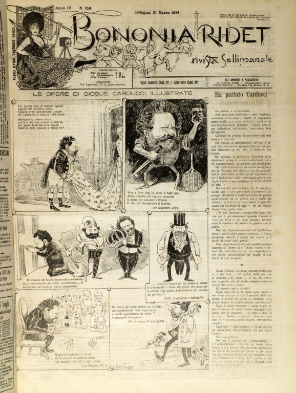 copertina di Carducci in varie caricature di Rata Langa in «Bononia ridet» (1891)
