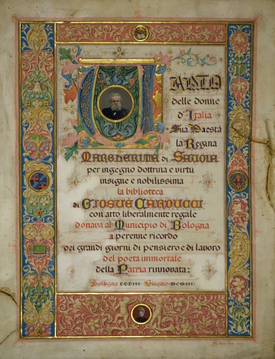 M. Turco, Margherita di Savoia a ricordo della donazione della biblioteca carducciana a Bologna, 1913