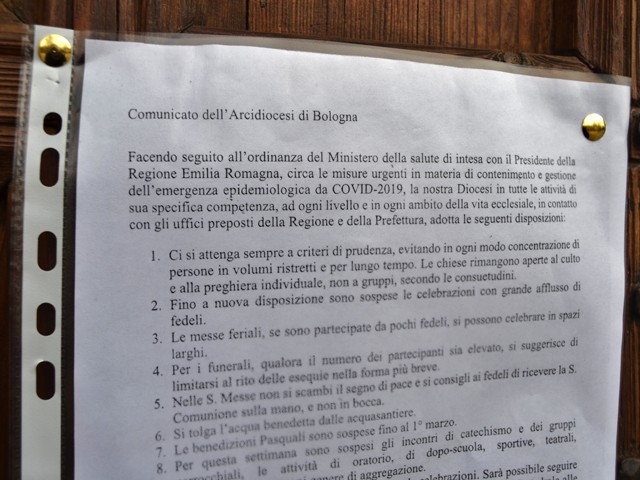 Comunicato dell'Arcidiocesi di Bologna sulla sospensione delle celebrazione religiose