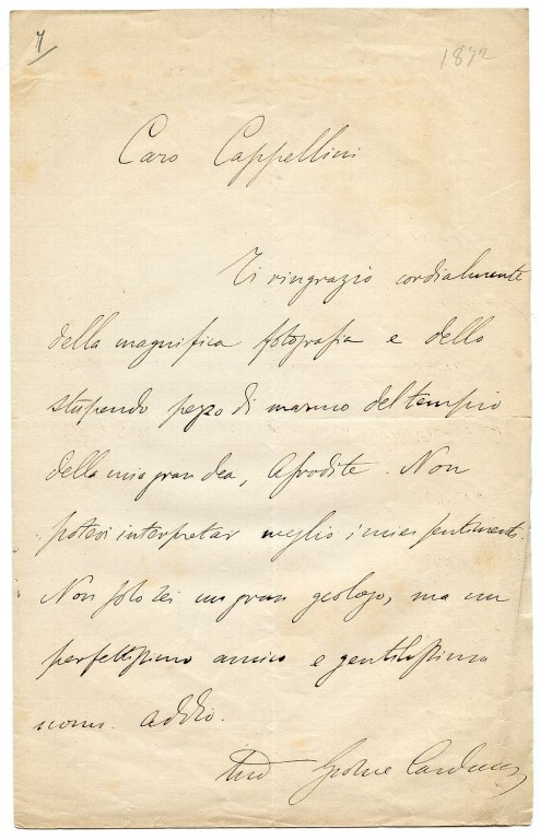 Lettera di ringraziamento inviata a Capellini da Giosue Carducci 