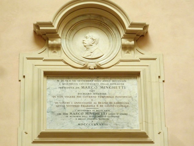 Lapide che commemora l'Assemblea delle Romagne presieduta da Marco Minghetti nel 1859 - Bologna - Accademia di Belle Arti - Aula Magna