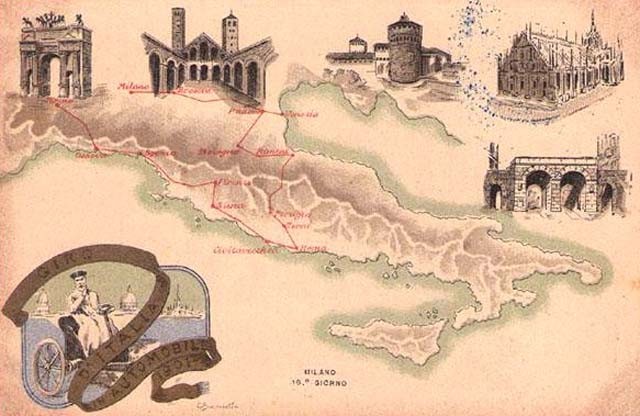Cartolina che raffigura il percorso del Giro d'Italia in automobile del 1901 - Fonte: ACS - Filatelia e storia postale - acciesse.org